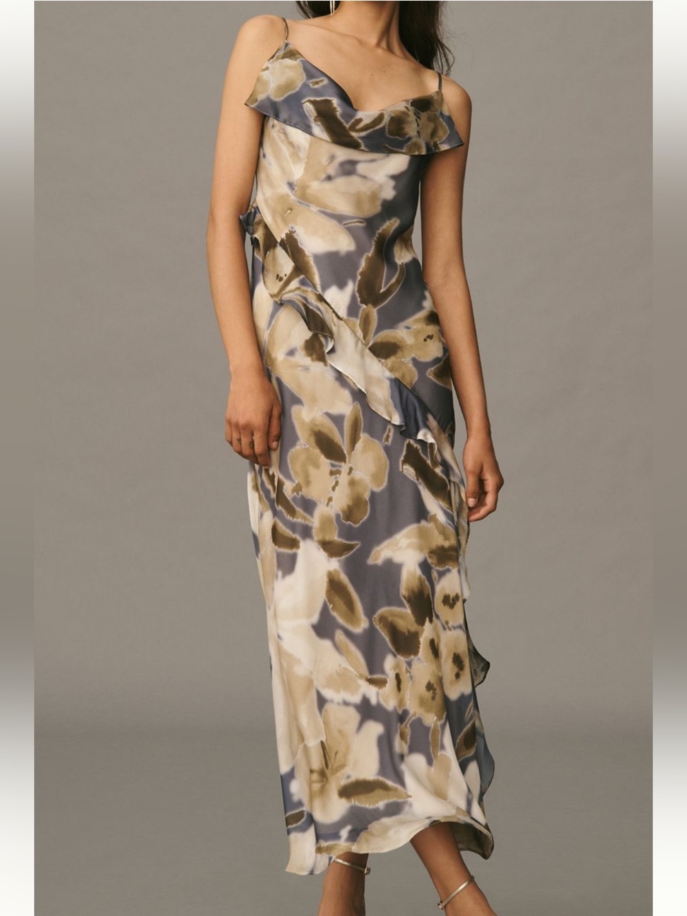 Anthropologie tie back ruffled green & gray Floral maxi Dress